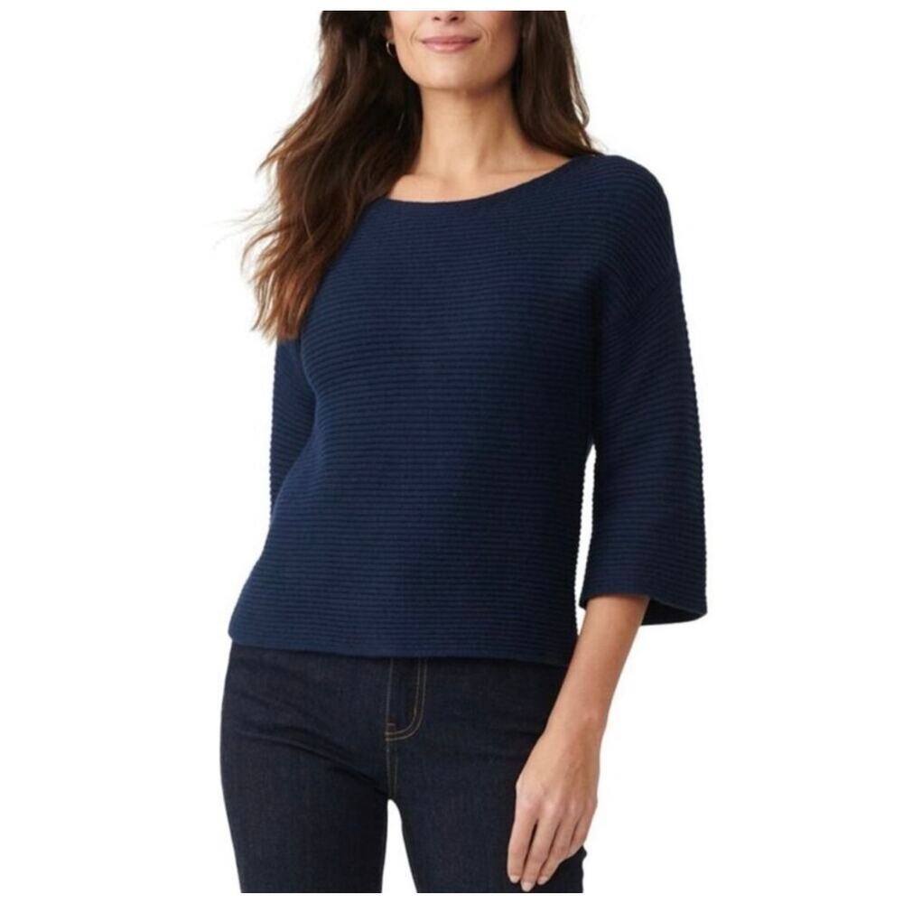 J. McLaughlin Emmeline Navy Ribbed 3/4 Sleeve Minimalist Knit Sweater Medium